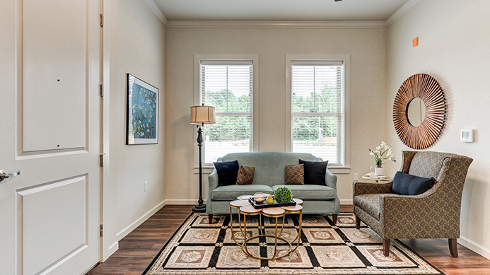 Assisted living apartment living area at Ridgemere Senior Living with sofa, chair, natural light, and thoughtfully arranged residential furnishings.